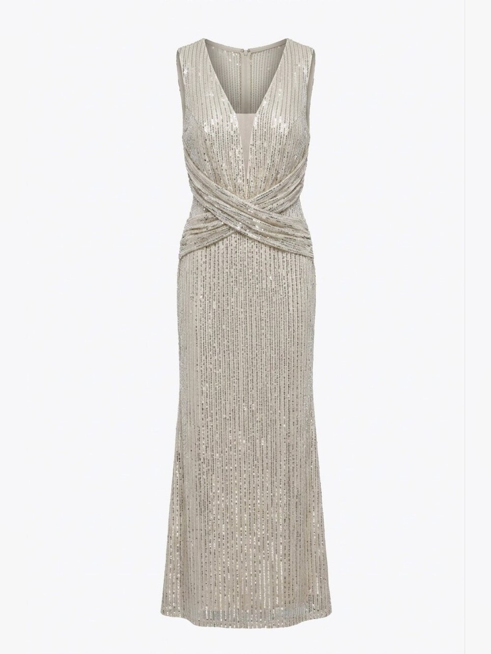 Glistening Silver Sleeveless V-Neck Twist Waist Sequin Gown Sparkle Formal Maxi